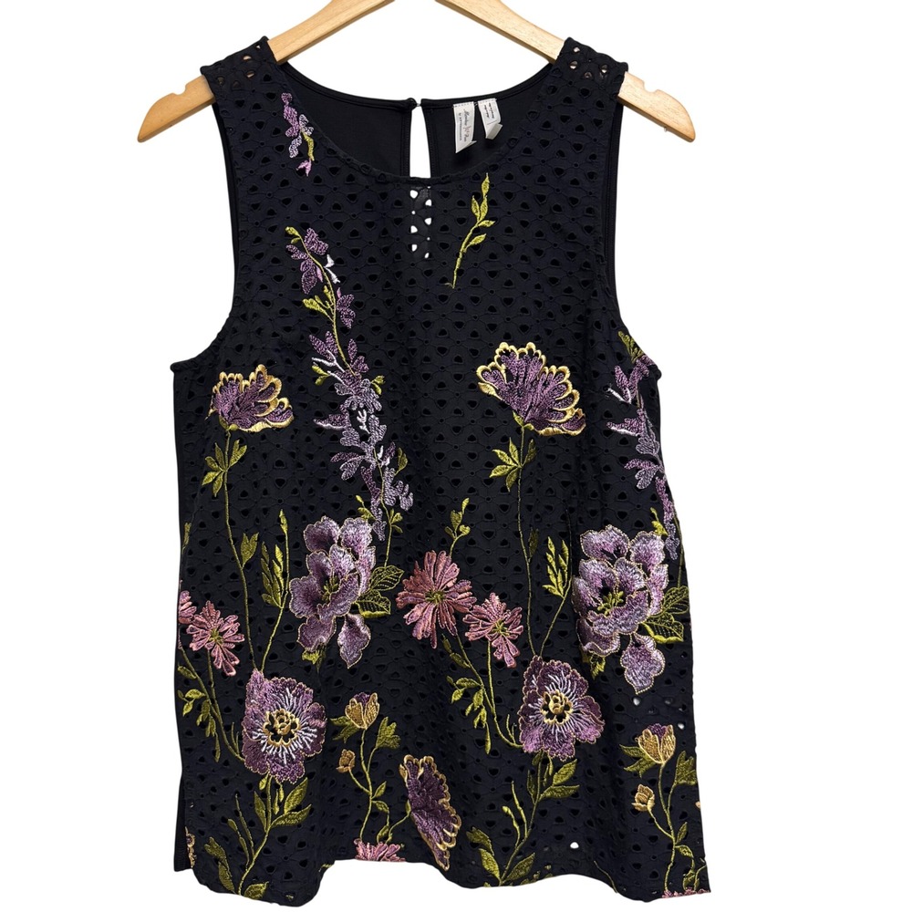 Anthropologie Black Floral Embroidered Tank Top